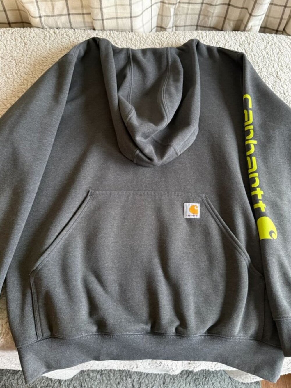 Carhartt Mens Medium Loose Fit Medium Weight Hoodie with neon green sleeve logo